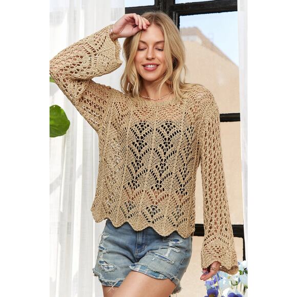 ADORA Long Sleeves Round Neck Scallop Edge Relaxed Fit Crochet Top | Natural - Picture 4 of 9